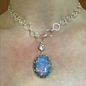 Harlequin Jelly Opal on Silver Setting with Rhinestone on Silver Ring Chain